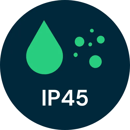 IP45: Resistente a corpi solidi superiori a 1mm e a schizzi d'acqua.