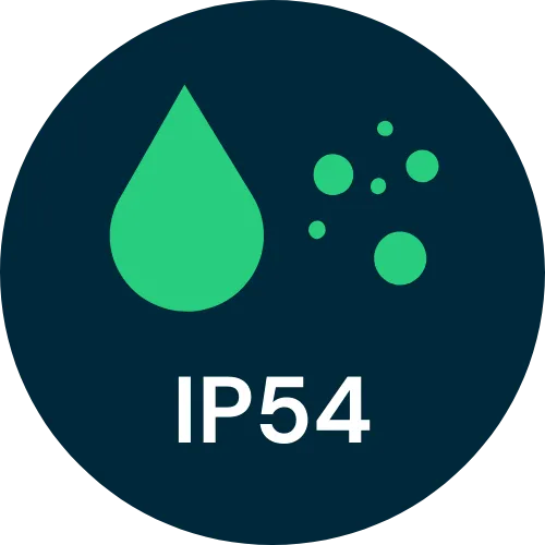 IP54: Resistente a depositi di polvere e a spruzzi d'acqua.