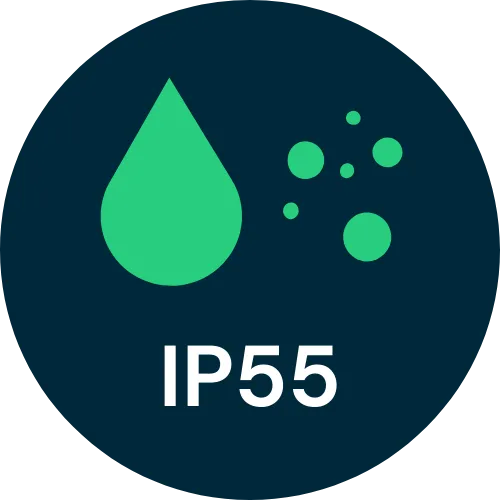 IP55: Resistente a depositi di polvere e a getti d'acqua.