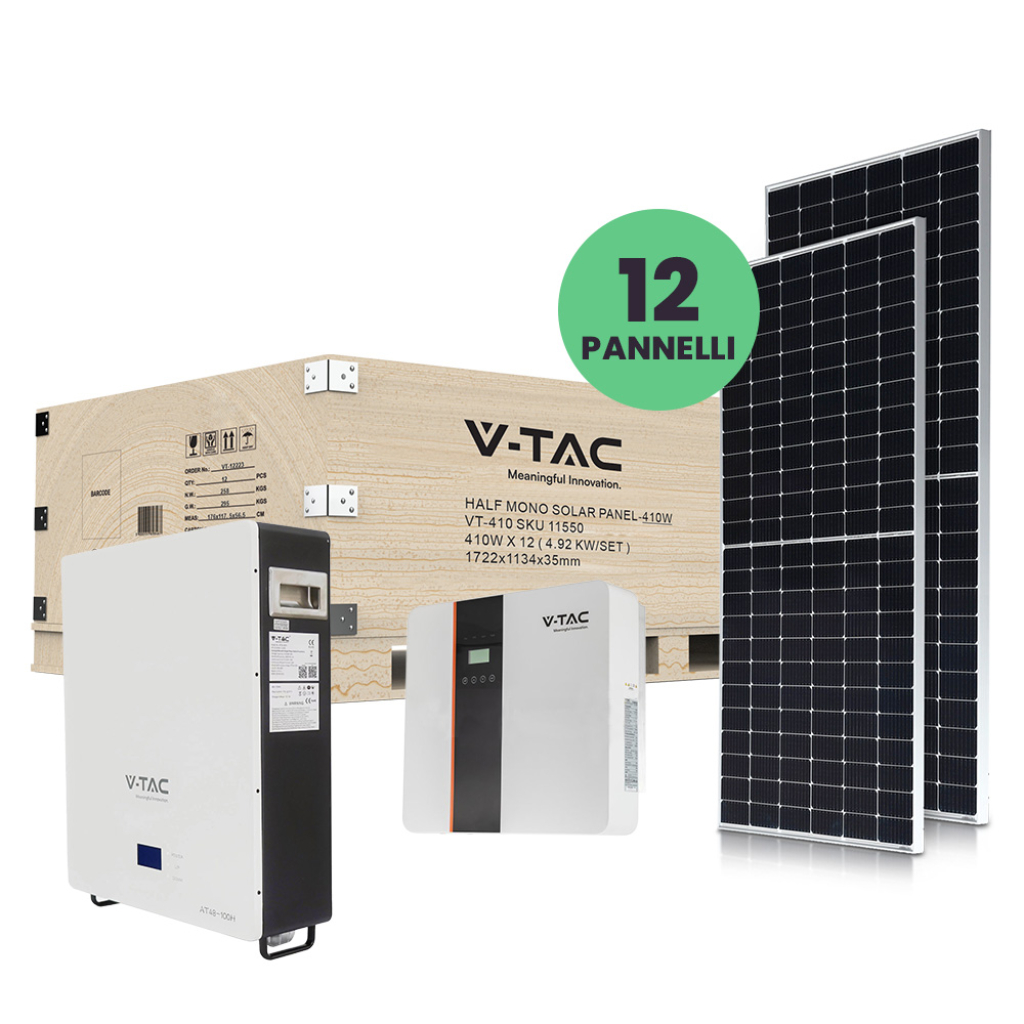 Kit fotovoltaico 5kw con batteria di accumulo lifepo4 5 kwh e inverter monofase ibrido con accessori inclusi e 12 pannelli solari fotovoltaici monocri