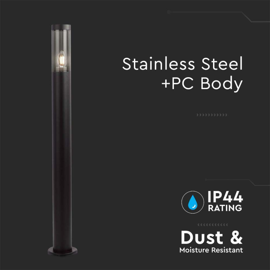 Bollard Garden Light Fitting E27 (76mmx119x1000mm) Smoke Plastic/SS Black Body IP44
