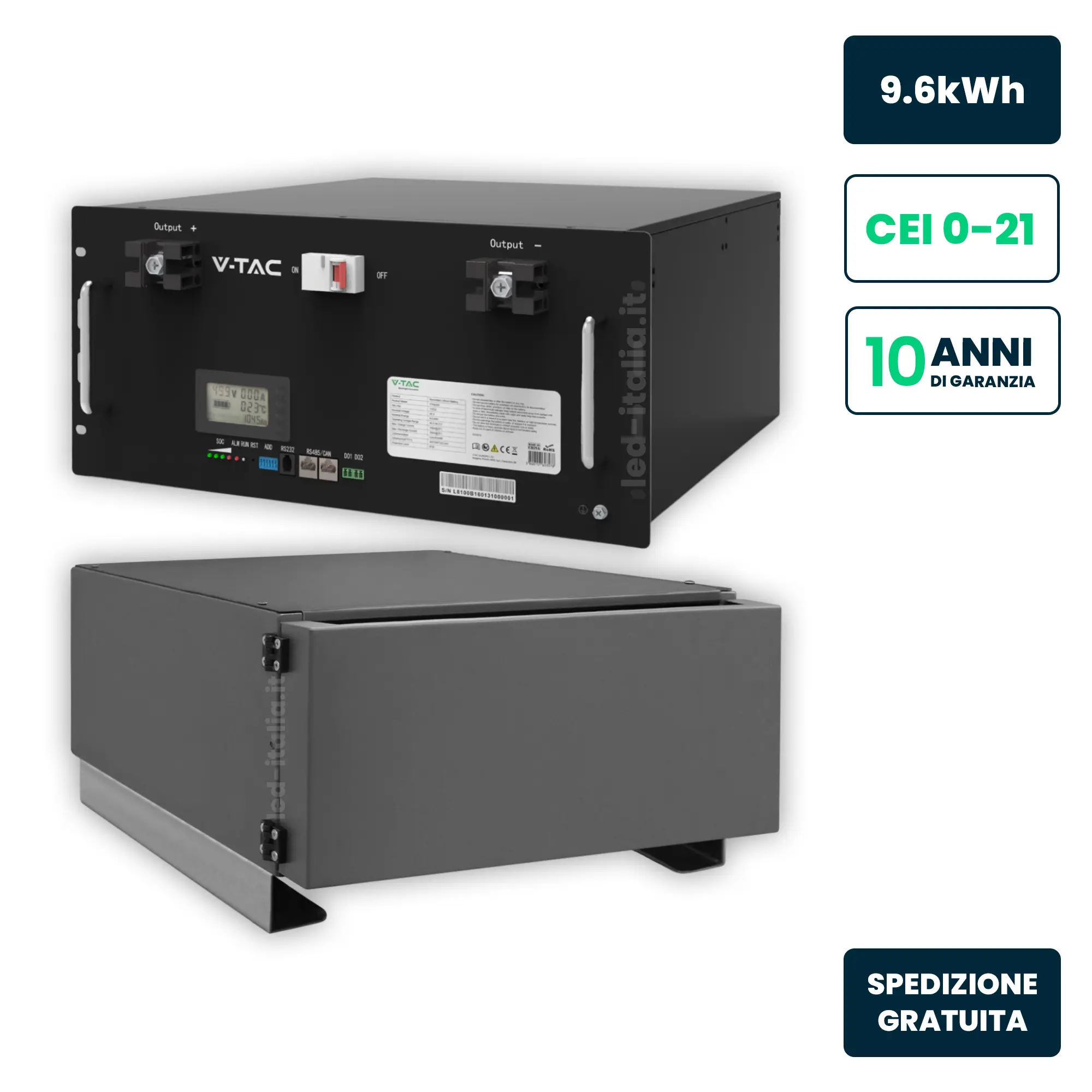 Kit Batteria Accumulo LV 9.6kWh LFP BMS Integrato per Inverter Fotovoltaici CEI 0-21 48V 200Ah con Modulo Armadio Rack PRO Grigio e Copertura