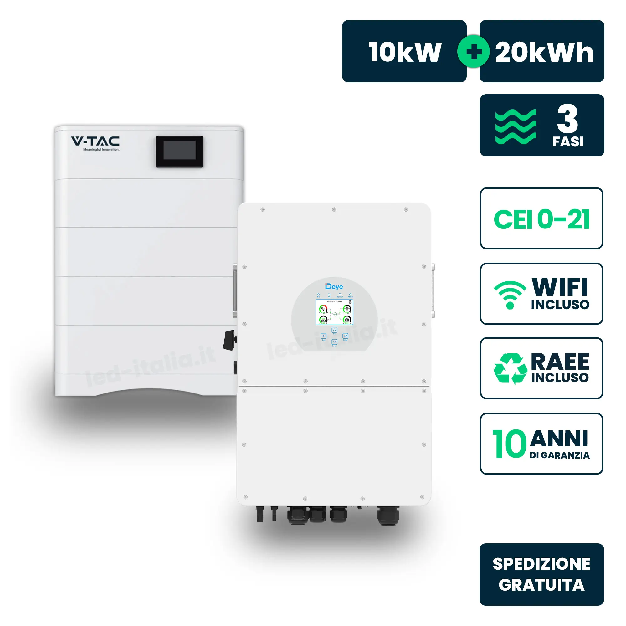 Kit Fotovoltaico Alta Tensione con Inverter Ibrido Trifase Deye 10kW e Accumulo LiFePO4 20.48kWh, BMS TA WiFi Inclusi, CEI-021 Garanzia 10 Anni IP65