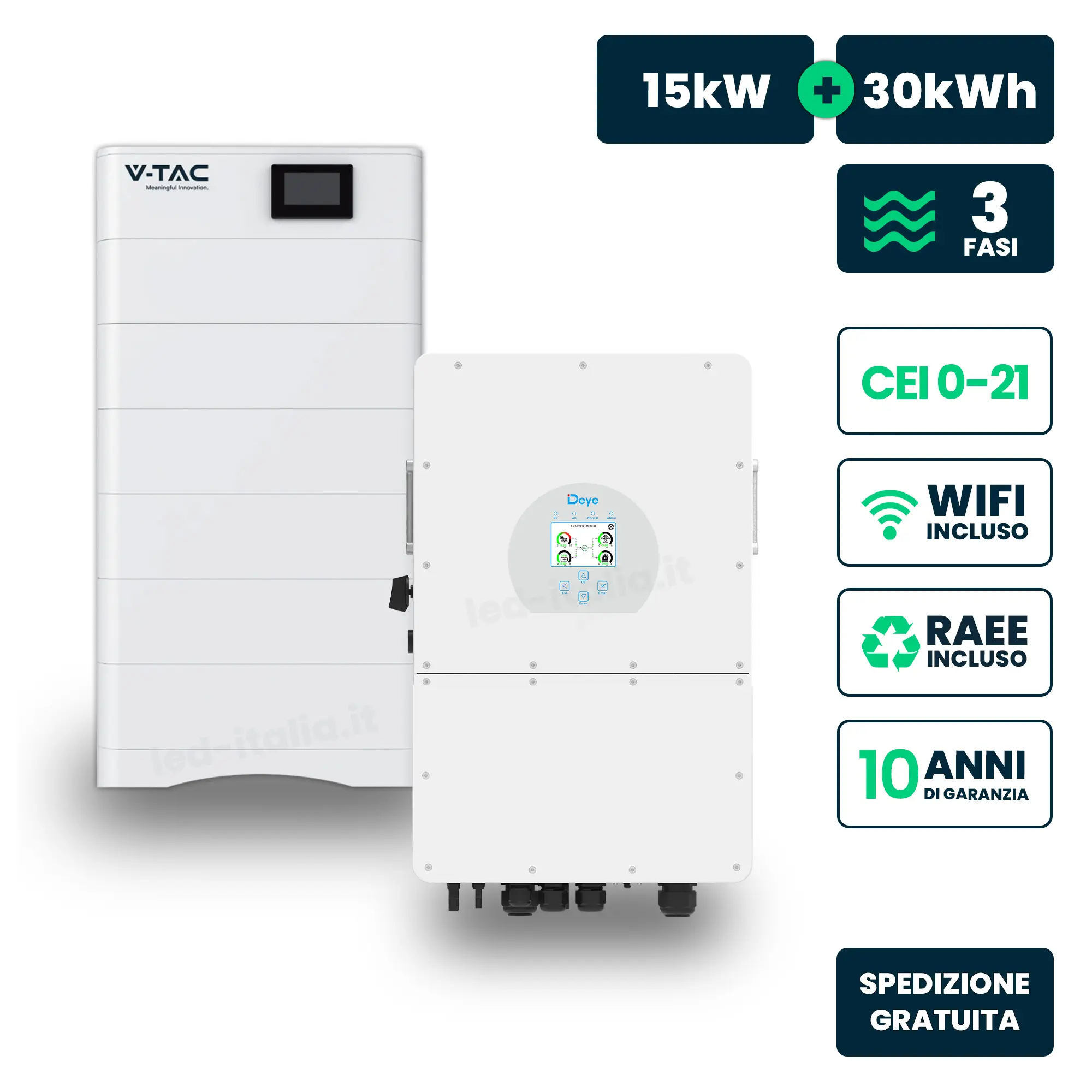 Kit Fotovoltaico Alta Tensione con Inverter Ibrido Trifase Deye 15kW e Accumulo LiFePO4 30.72kWh, BMS TA WiFi Inclusi, CEI-021 Garanzia 10 Anni IP65