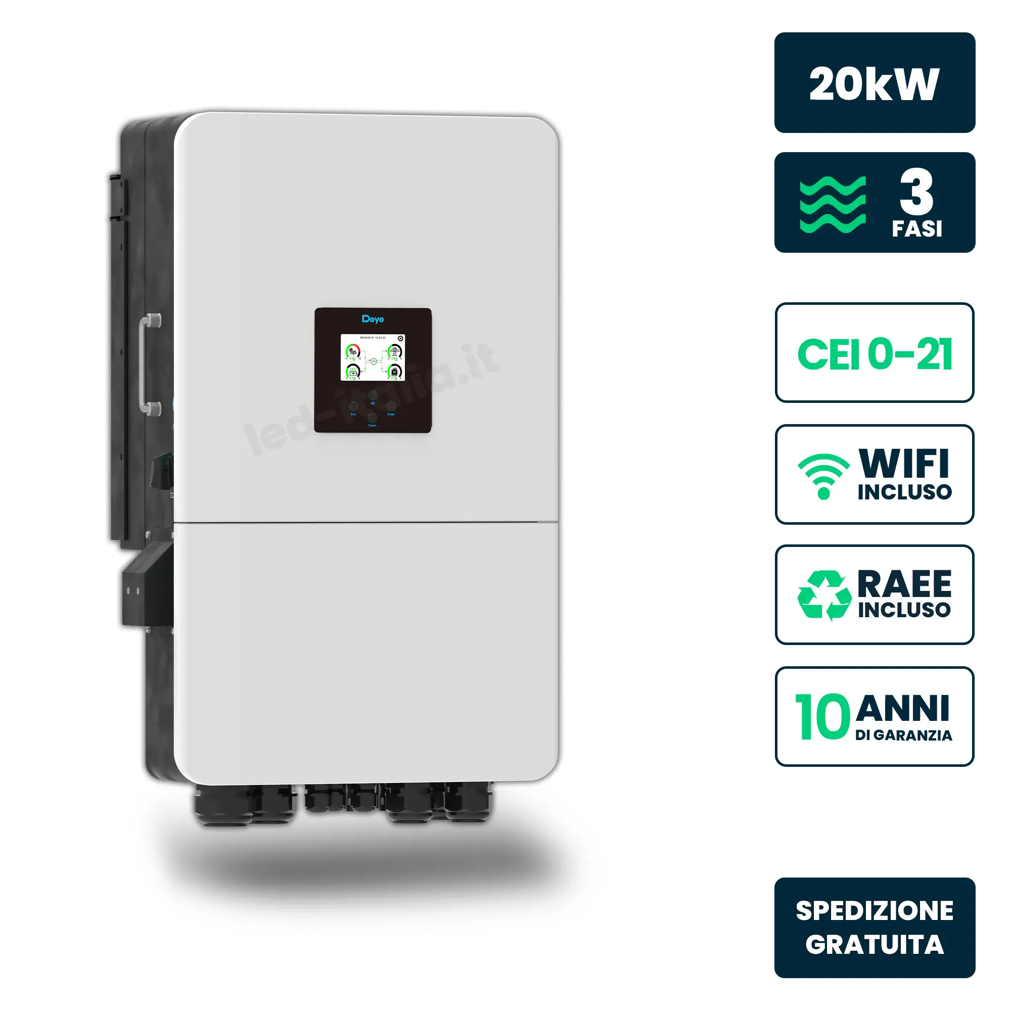 Inverter Ibrido Trifase LV Deye 20kW WiFi CEI 0-21 Bianco IP65