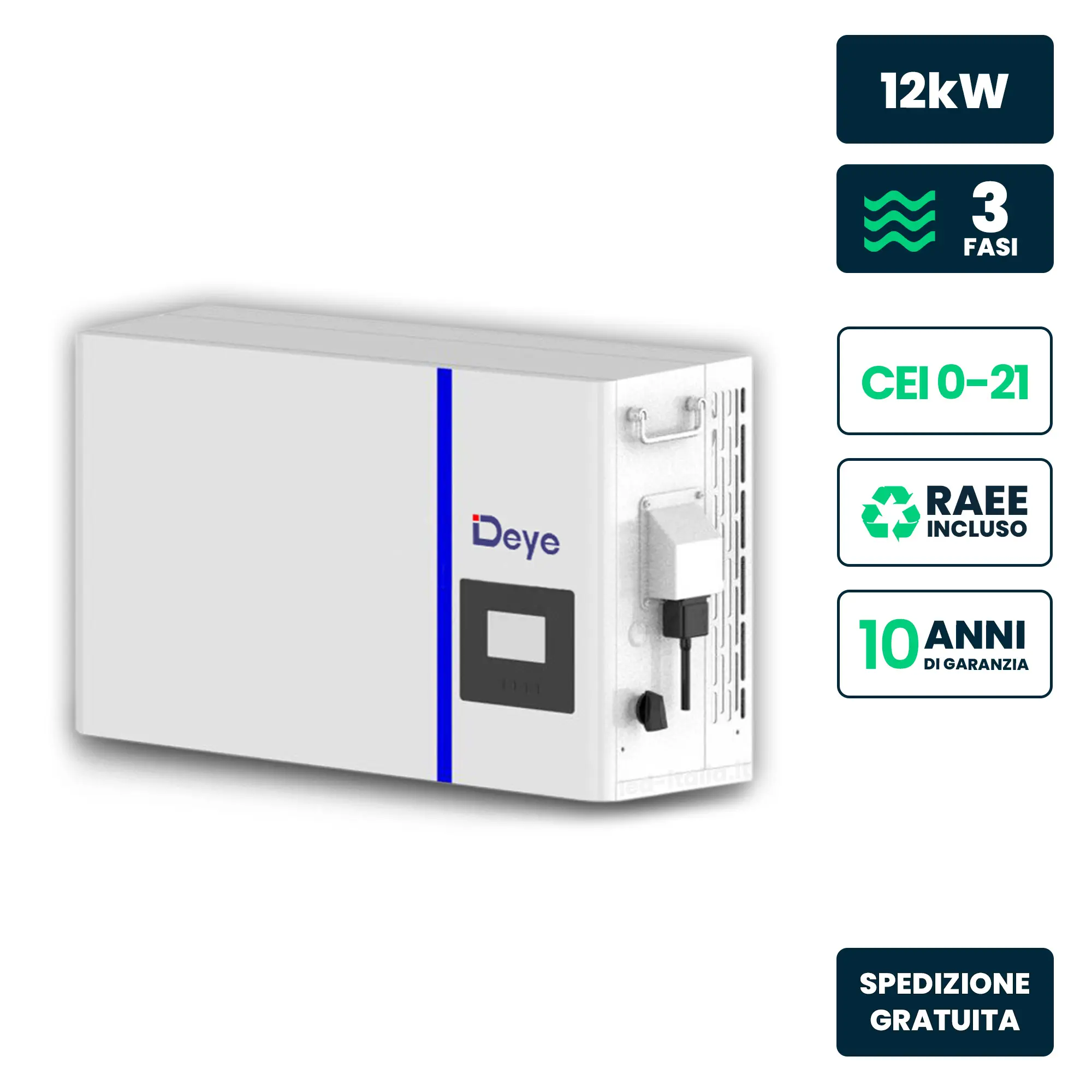 Inverter Fotovoltaico Deye Trifase Ibrido per Kit All-In-One Bassa Tensione LV 12kW On Grid/Off Grid CEI 0-21 Garanzia 10 Anni IP65