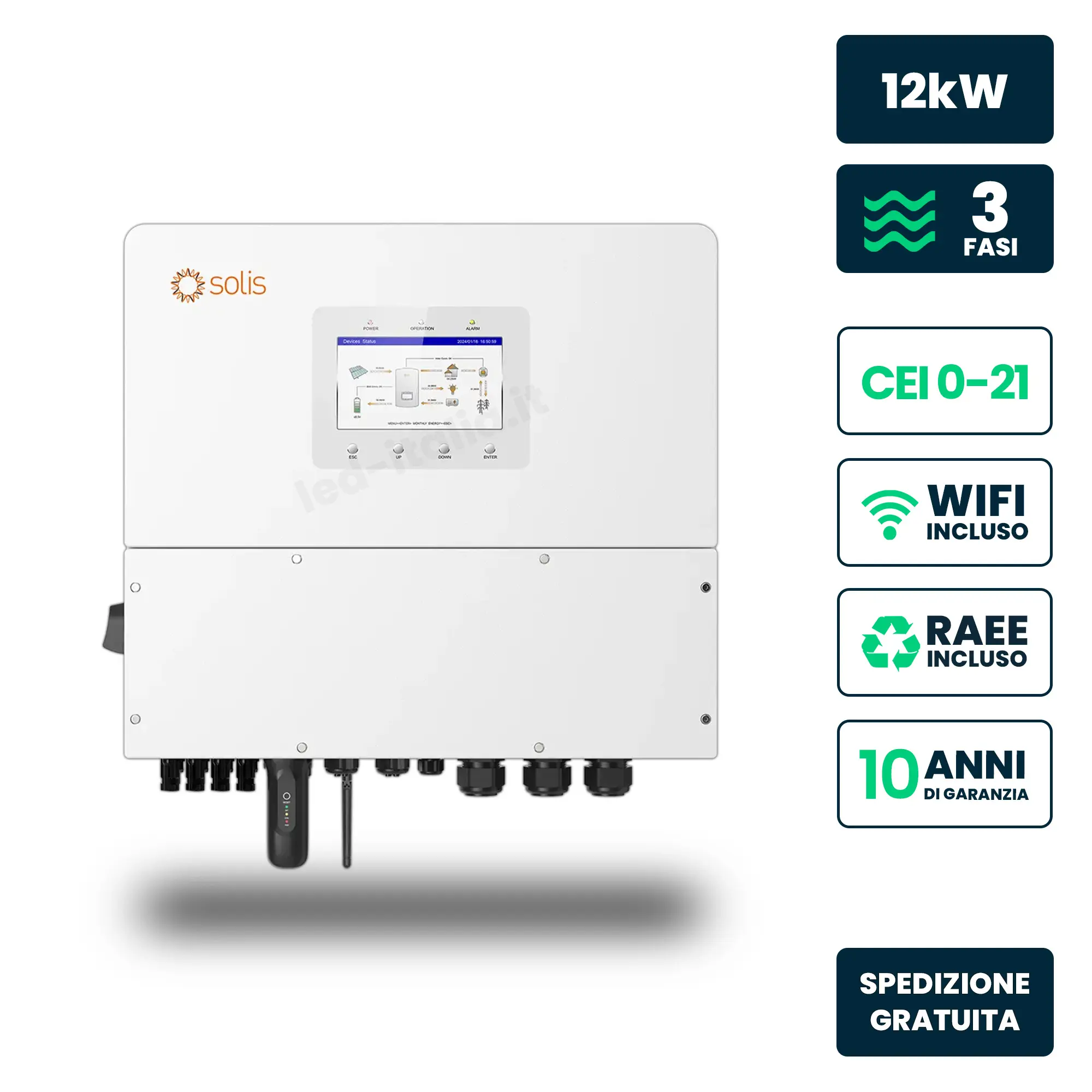 Inverter Ibrido Trifase HV Solis 12kW WiFi CEI 0-21/0-16 Bianco IP66