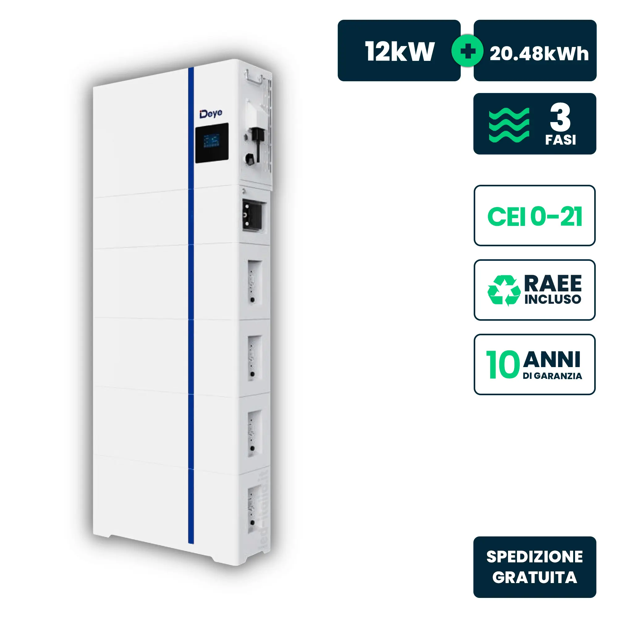 Kit Fotovoltaico All-In-One Deye con Inverter Trifase Ibrido 12kW Bassa Tensione e Accumulo 20.48kWh On/Off Grid CEI 0-21 Garanzia 10 Anni IP65