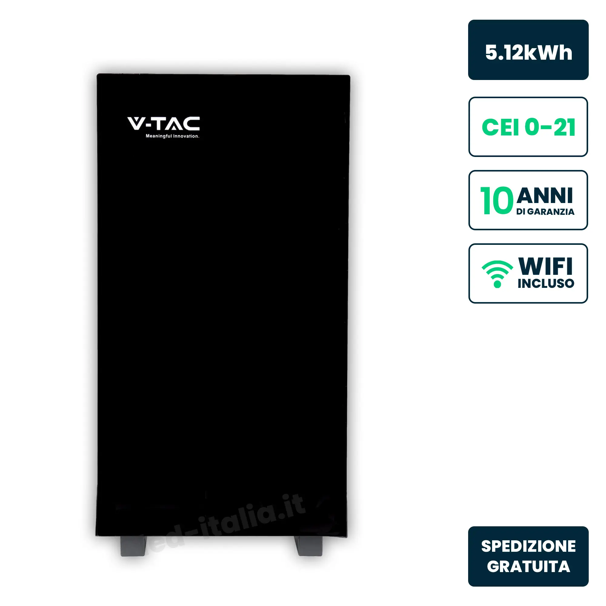 Batteria di Accumulo LV 5.12kWh LFP 51.2V 100Ah 100A WiFi Nera CEI 0-21