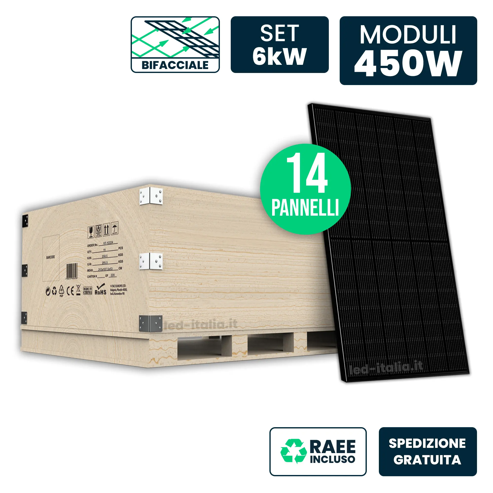 Set 6kW con 14 Pannelli Solari 450W N-Type Bifacciali Full Black 1762x1134x30mm