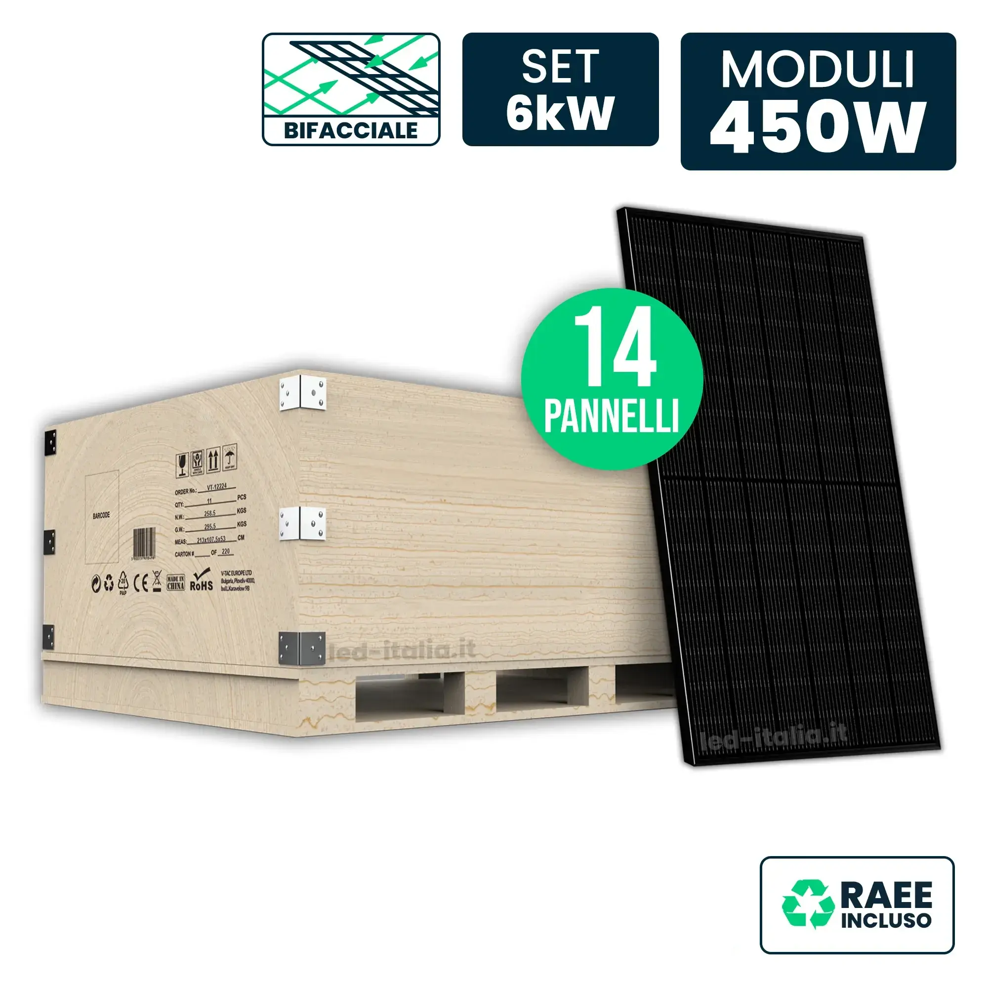 Set 6kW con 14 Pannelli Solari 450W N-Type Bifacciali Full Black 1762x1134x30mm