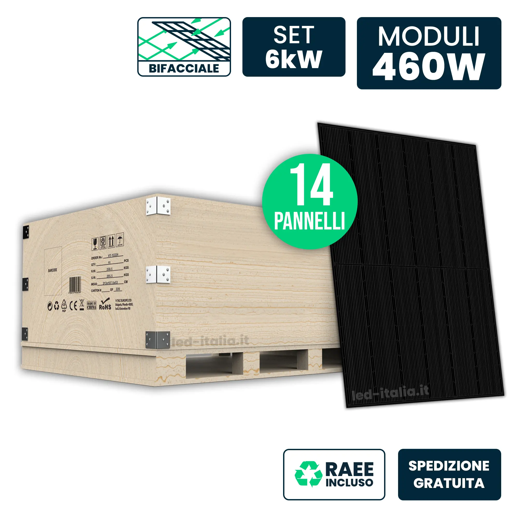 Set 6kW con 14 Pannelli Solari 460W Bifacciali TOPCon Full Black 1722x1134x30mm