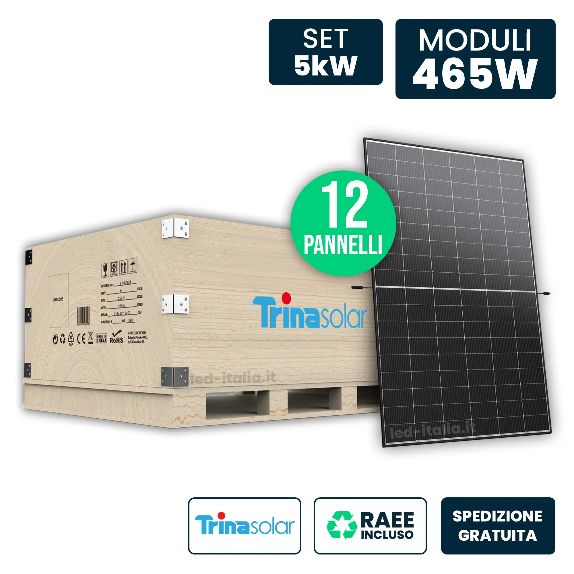 Set 5kW con 12 Pannelli Solari 465W Trina i-TOPCon Doppio Vetro Black Frame 1762x1134x30mm