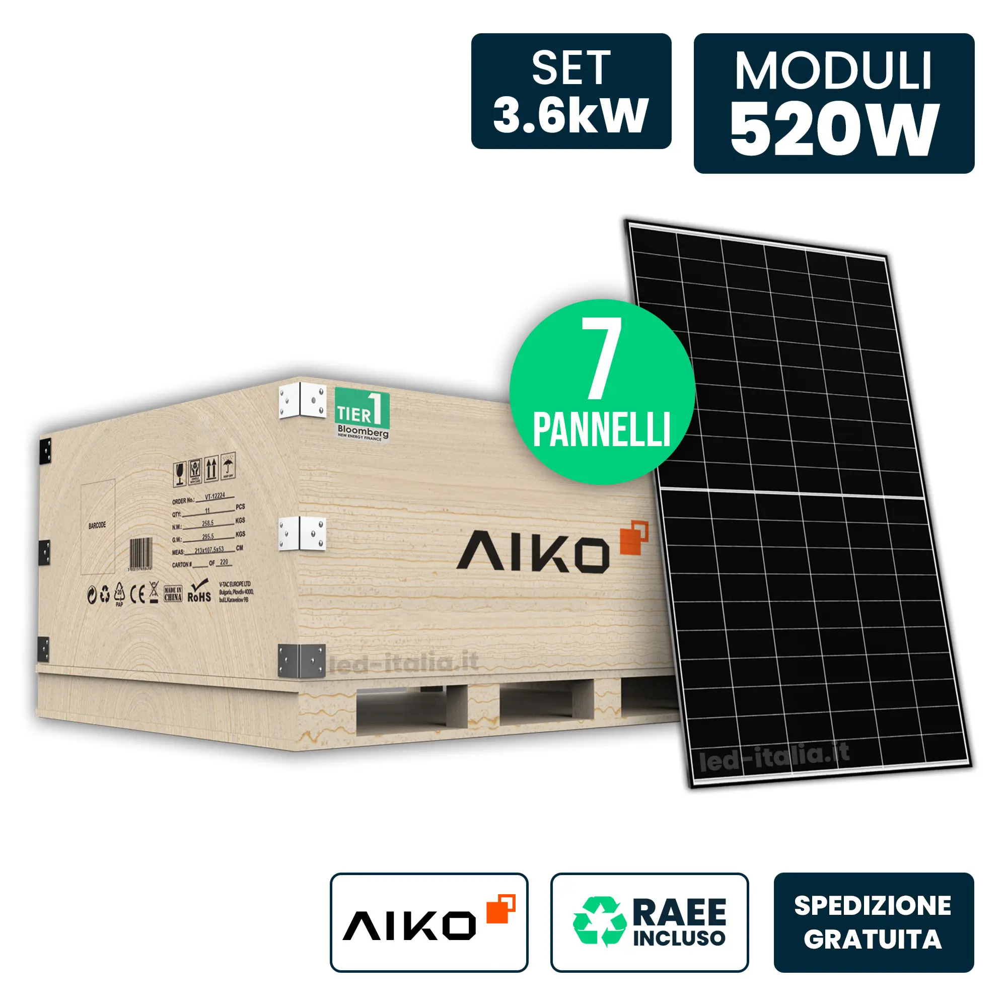 Set 3.6kW con 7 Pannelli Solari AIKO 520W TIER-1 N-Type ABC Black Frame 1954x1134x30mm