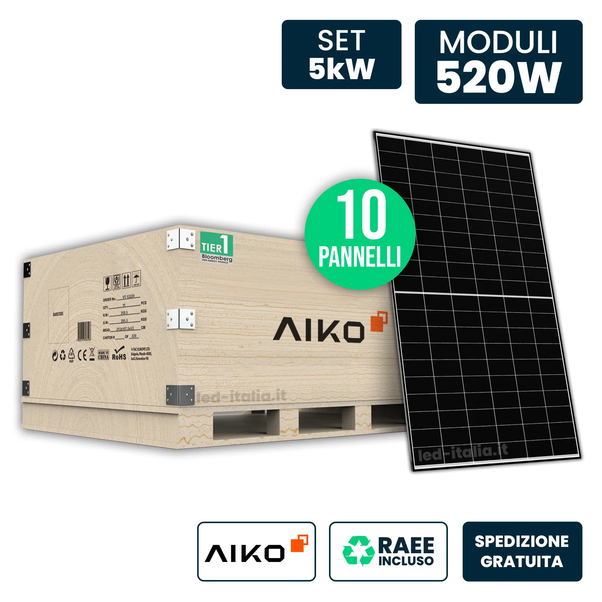 Set 5kW con 10 Pannelli Solari AIKO 520W TIER-1 N-Type ABC Black Frame 1954x1134x30mm