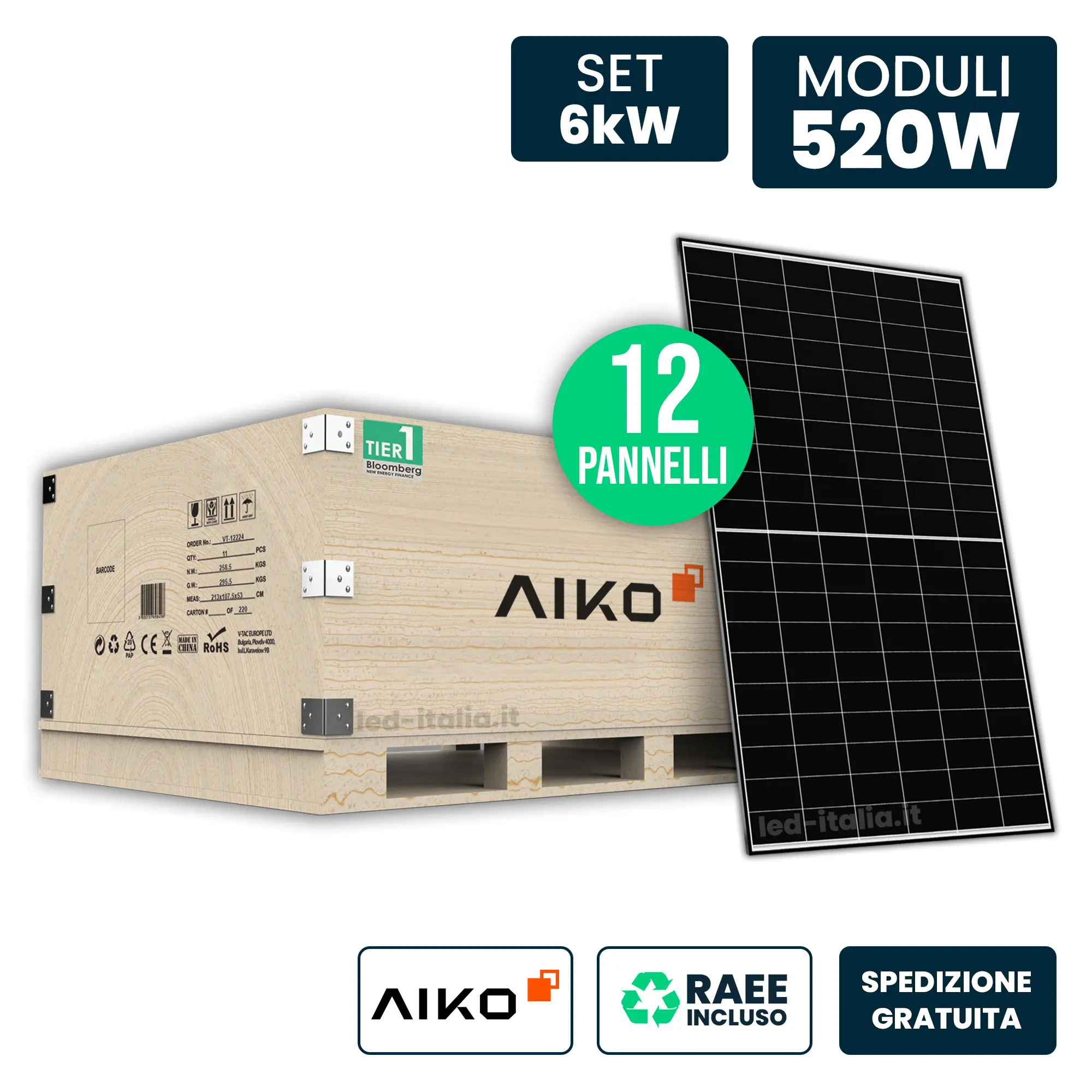 Set 6kW con 12 Pannelli Solari AIKO 520W TIER-1 N-Type ABC Black Frame 1954x1134x30mm