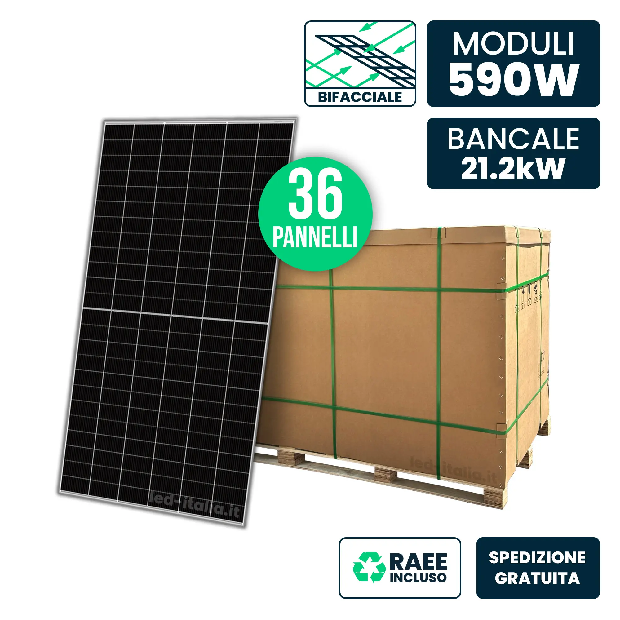 Bancale 21.2kW con 36 pannelli 590W N-Type TOPCon Bifacciali Silver Frame 2278x1134x30mm