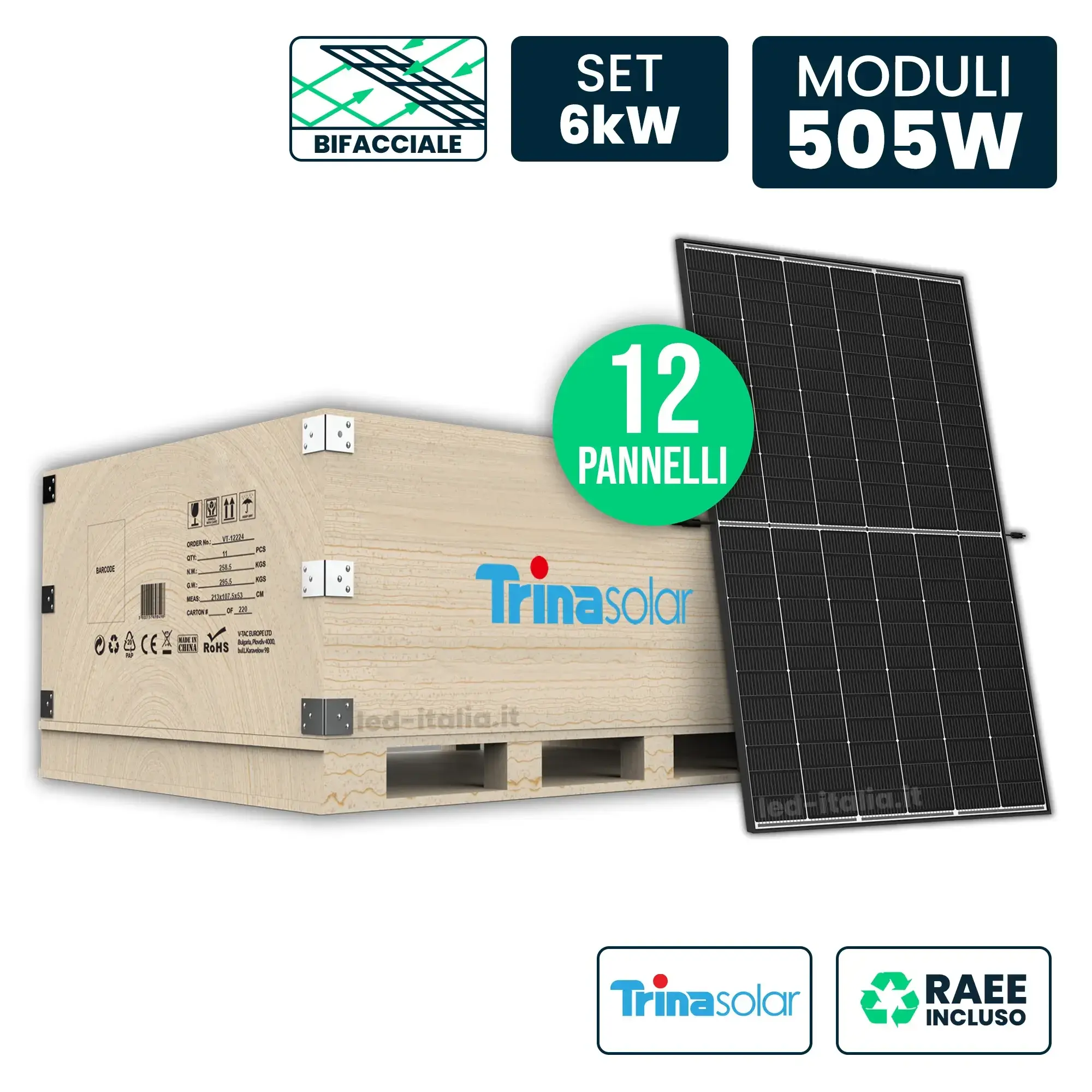 Set 6kW con 12 Pannelli Solari 505W Trina Vertex S+ i-TOPCon Bifacciali Full Black 1961x1134x30mm