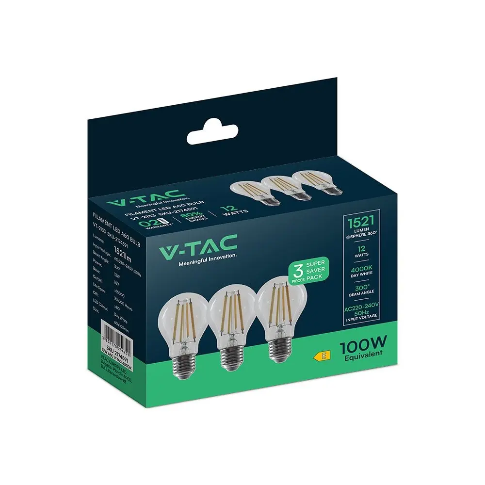 12W A60 LED FILAMENT BULB-CLEAR COVER WITH 4000K E27 3 pcs