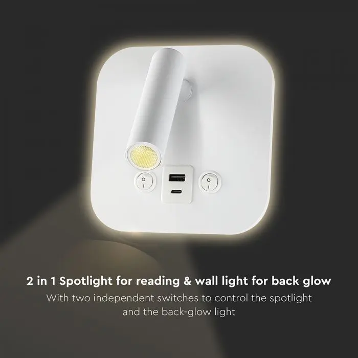 8W LED BEDSIDE LIGHT ALUMINUM+PC WITH CREE CHIP 3000K WHITE BODY IP20, USB/TYPE C CHARGING