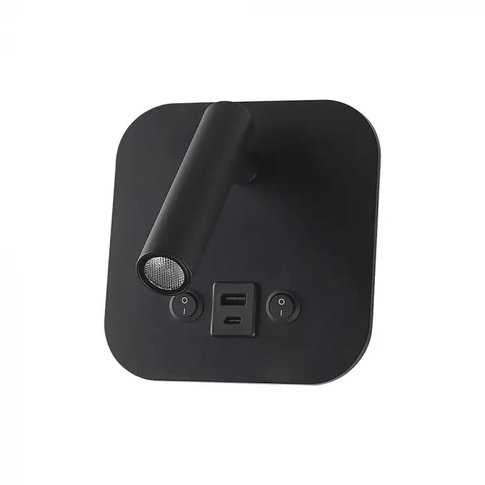 8W LED BEDSIDE LIGHT ALUMINUM+PC WITH CREE CHIP 3000K BLACK BODY IP20, USB/TYPE C CHARGING