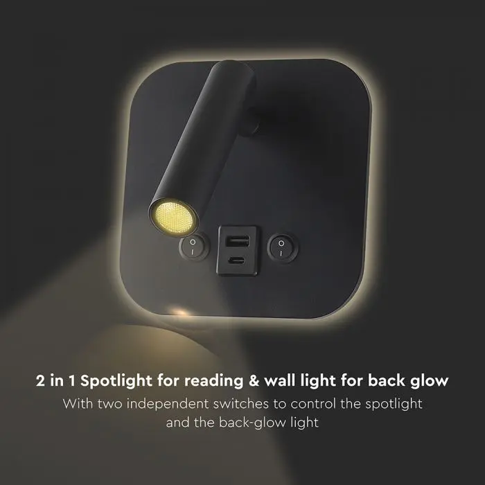 8W LED BEDSIDE LIGHT ALUMINUM+PC WITH CREE CHIP 3000K BLACK BODY IP20, USB/TYPE C CHARGING