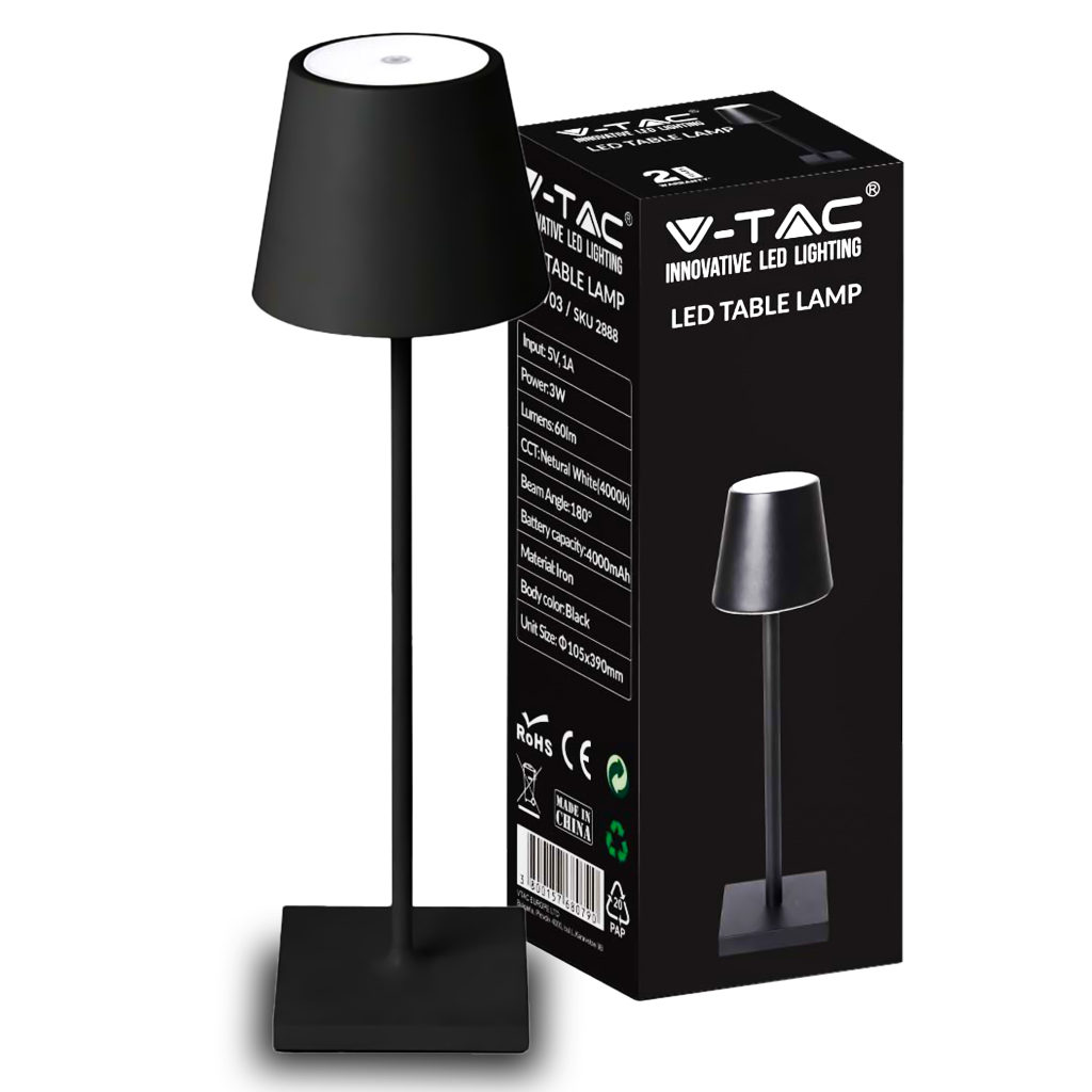 Lampada LED da Tavolo 3W Colore Nero in Alluminio ricaricabile con USB C Touch Dimmerabile 4000K