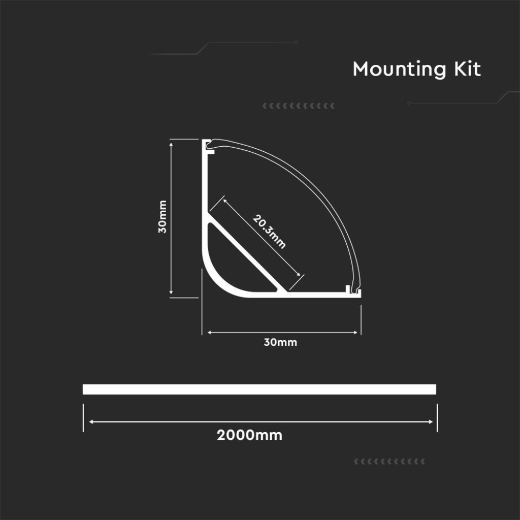 LED Strip Mounting Kit with Diffuser Aluminum Milky Gypsum Corner Round 2000mm