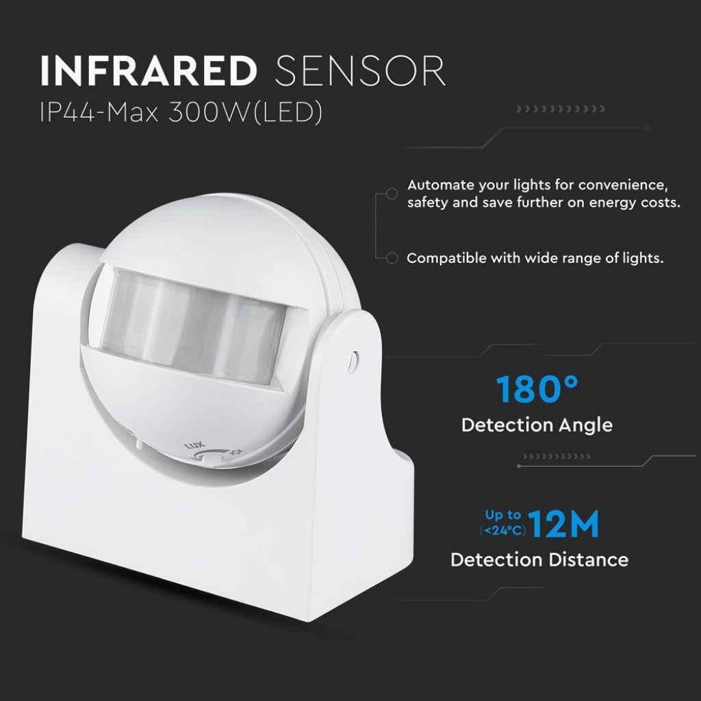 Rilevatore Di Presenza Orientabile V-TAC Bianco - 300W, IP20, 230V, Per Illuminazione Automatica Interni/esterni