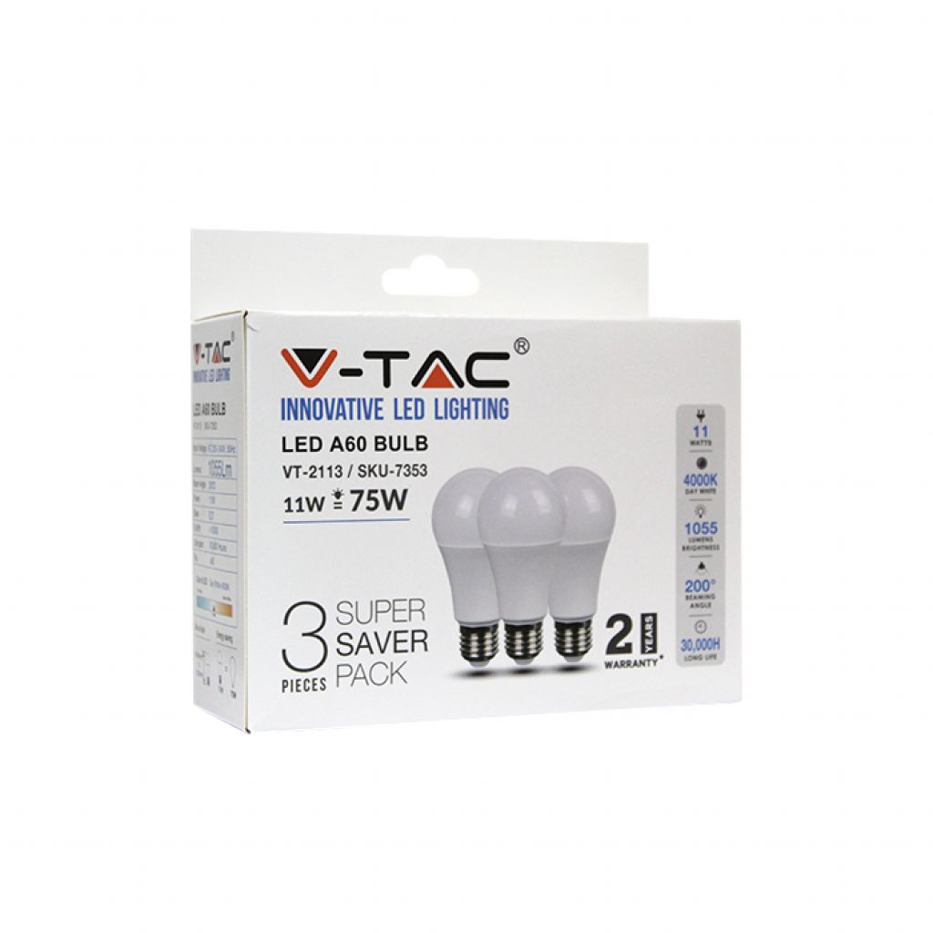 Confezione 3 Lampadine LED V-TAC 7353 11W E27 – Luce Bianco Naturale 4000K 1055lm – SMD A60