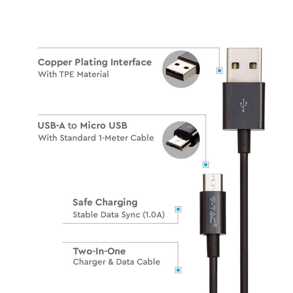 1m Micro USB Cable Black Silver Series