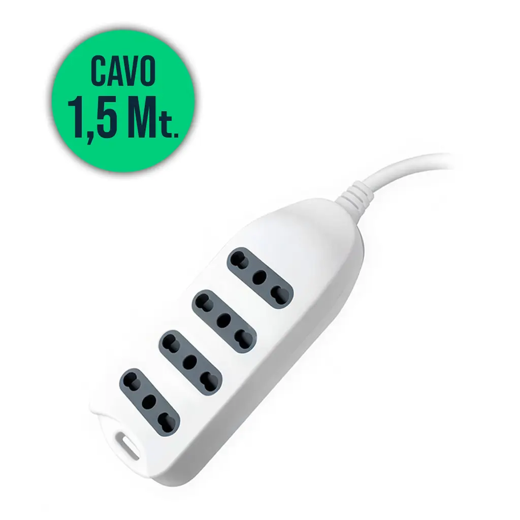 Multipresa 4 Pos 10/16A Bipasso Con Attacco a parete 250V~Max:3500W Cavo H05VV-F 3G1.0mmX1.5m Con Spina 16A 2P+T