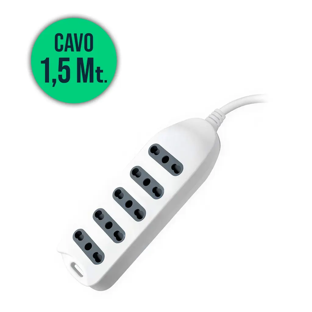 Multipresa 5 Pos 10/16A Bipasso Con Attacco a parete 250V~Max:3500W Cavo H05VV-F 3G1.0mmX1.5m Con Spina 16A 2P+T