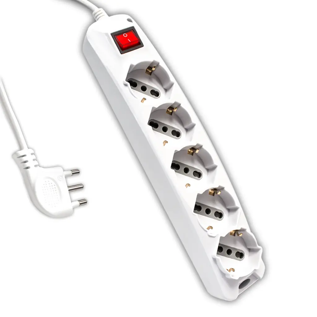 Multipresa con 5 Prese 10/16A 2P+T Bipasso/Schuko 45° e Interruttore Generale Luminoso e Cavo 1,5m Spina 16A 2P+T Colore Bianco