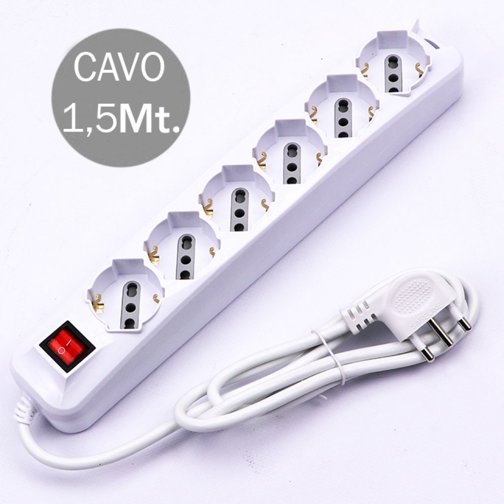 Multipresa con 6 Prese 10/16A 2P+T Bipasso/Schuko 45° e Interruttore Generale Luminoso e Cavo 1,5m Spina 16A 2P+T Colore Bianco