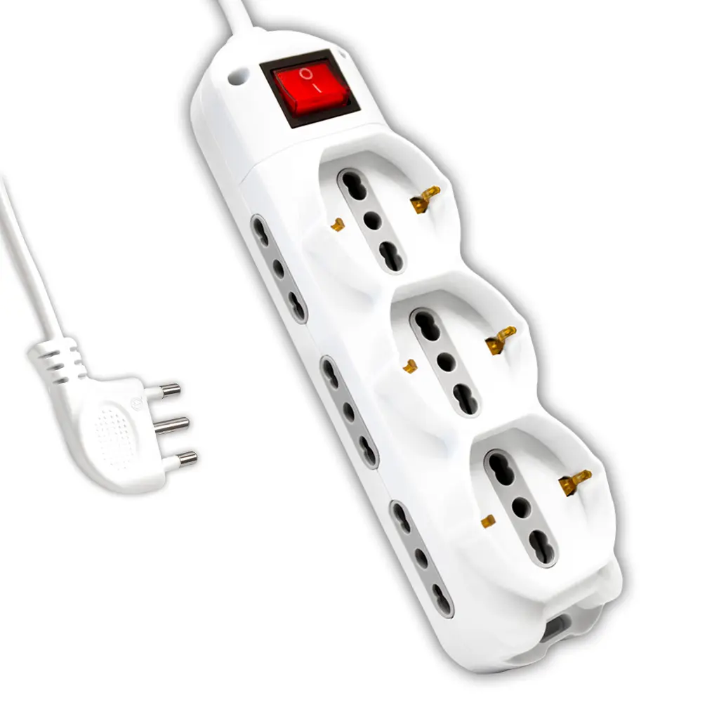 Multipresa con Cavo 1,5m e 9x Prese 10/16A (6x Laterali Bipasso + 3x Frontale Bipasso/Schuko), Spina 16A e Interruttore Colore Bianco