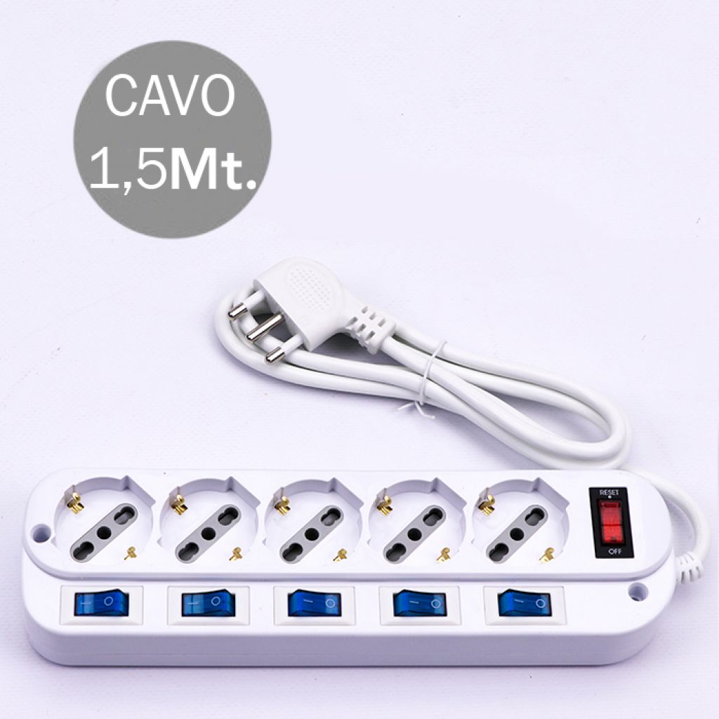 Multipresa con Cavo 1,5m e 5x Prese Bipasso/Schuko 10/16A, Spina 16A e Interruttori Indipendenti + Generale Colore Bianco