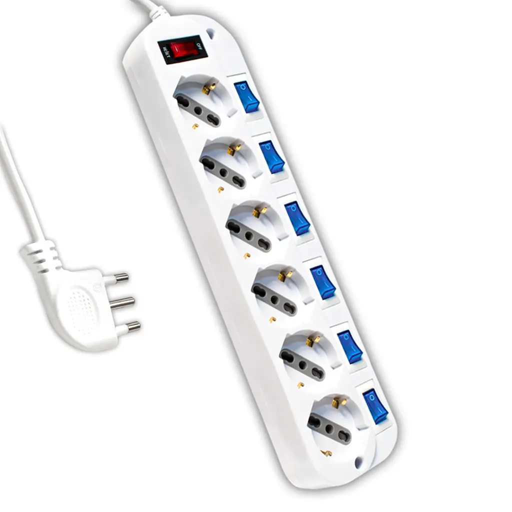 Multipresa con Cavo 1,5m e 6x Prese Bipasso/Schuko 10/16A, Spina 16A e Interruttori Indipendenti + Generale Colore Bianco