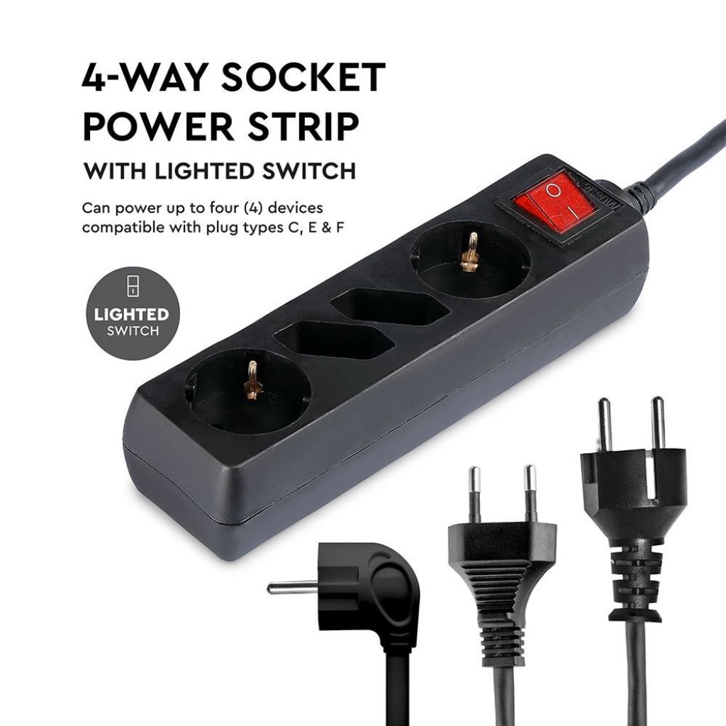 4 Holes Socket Whit Switch (3G 1.5mm2 X 1.5m ) Polybag with Card Black