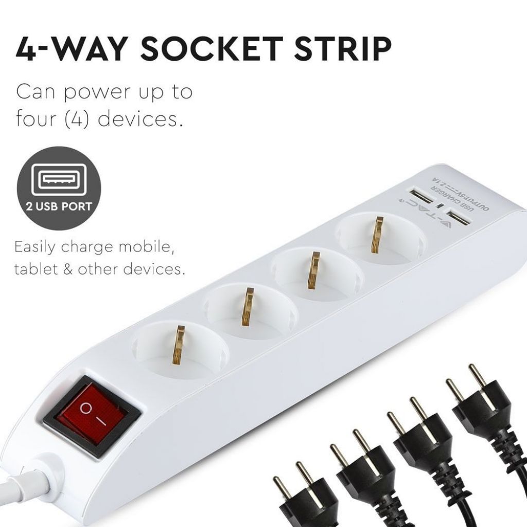 4 Ways Socket with Lighted Switch & 2 USB Port 3G 1.5mm*1.4M White