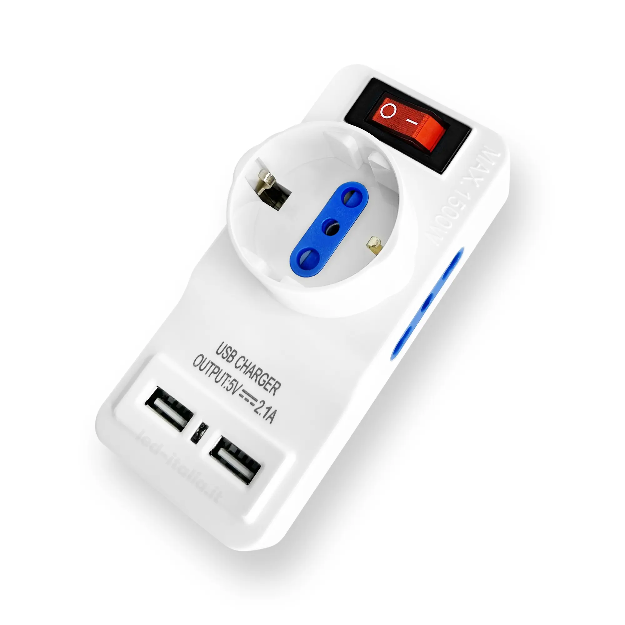 Adattatore 2 vie 10/16A presa Italiana e 1via 10/16A Italiano /Schuko con iterruttore due porte di ricarica USB 2.1A Spina Italiana 16A