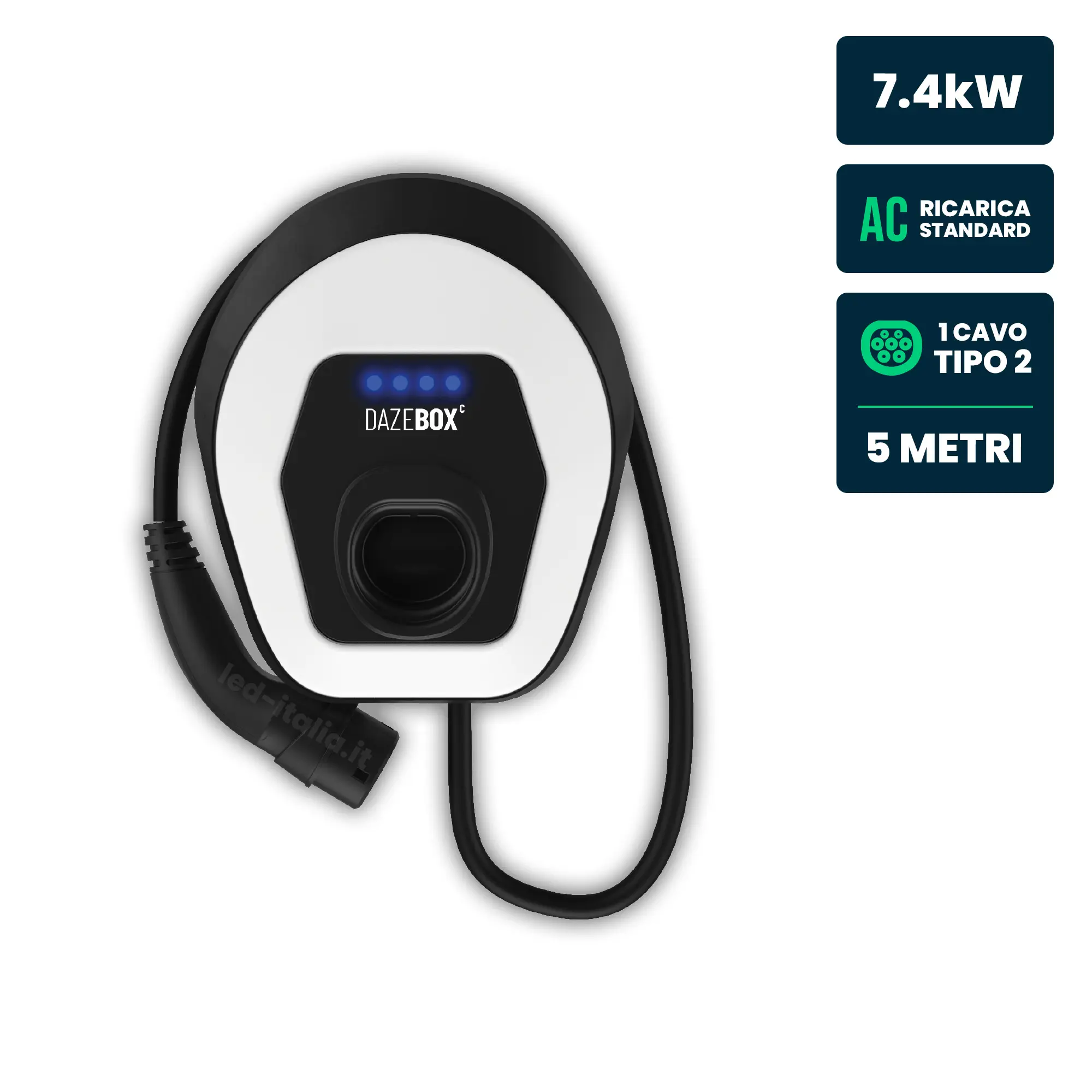 Stazione di Ricarica Dazebox C 7.4kW Monofase 32A, IP55 IK08, WiFi e Bluetooth, Wall Box Bianco con Cavo Tipo 2 Lunghezza 5m