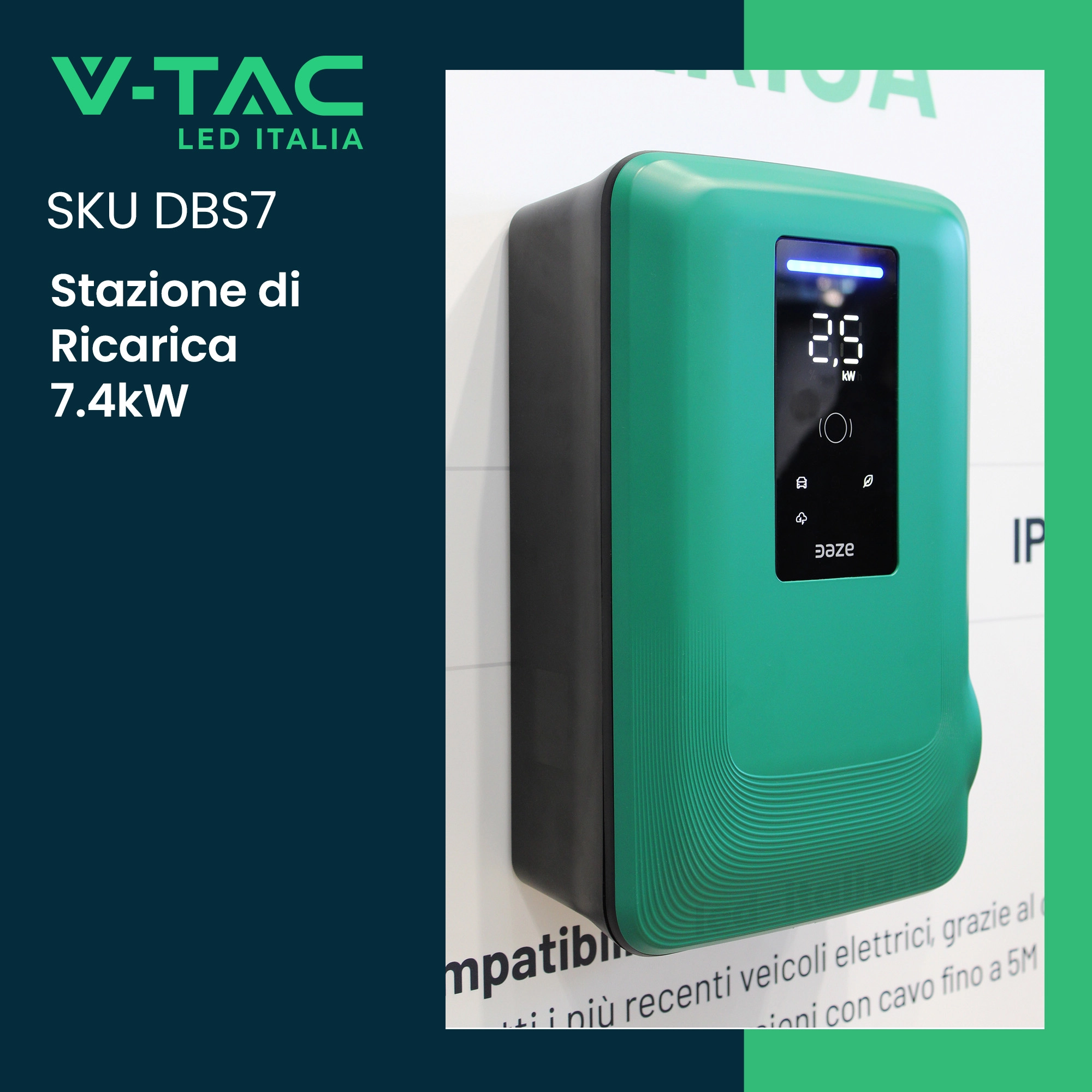 Stazione di Ricarica Dazebox Home S 7.4kW Monofase 32A, IP55 IK10, WiFi e Bluetooth, Wall Box Bianco con Schermo e Connettore Tipo 2, 3 Tessere RFID Incluse