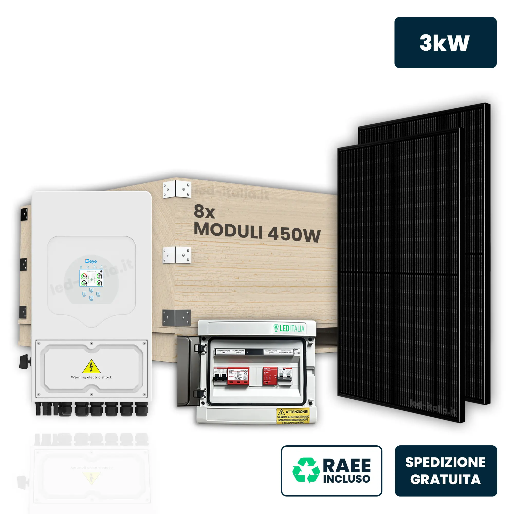 KIT Fotovoltaico Monofase 3kW con Inverter Ibrido, 8 Moduli 450W (3.6kW) Full Black, Quadro Combinato 1-1 AC-DC 3kW senza Accumulo