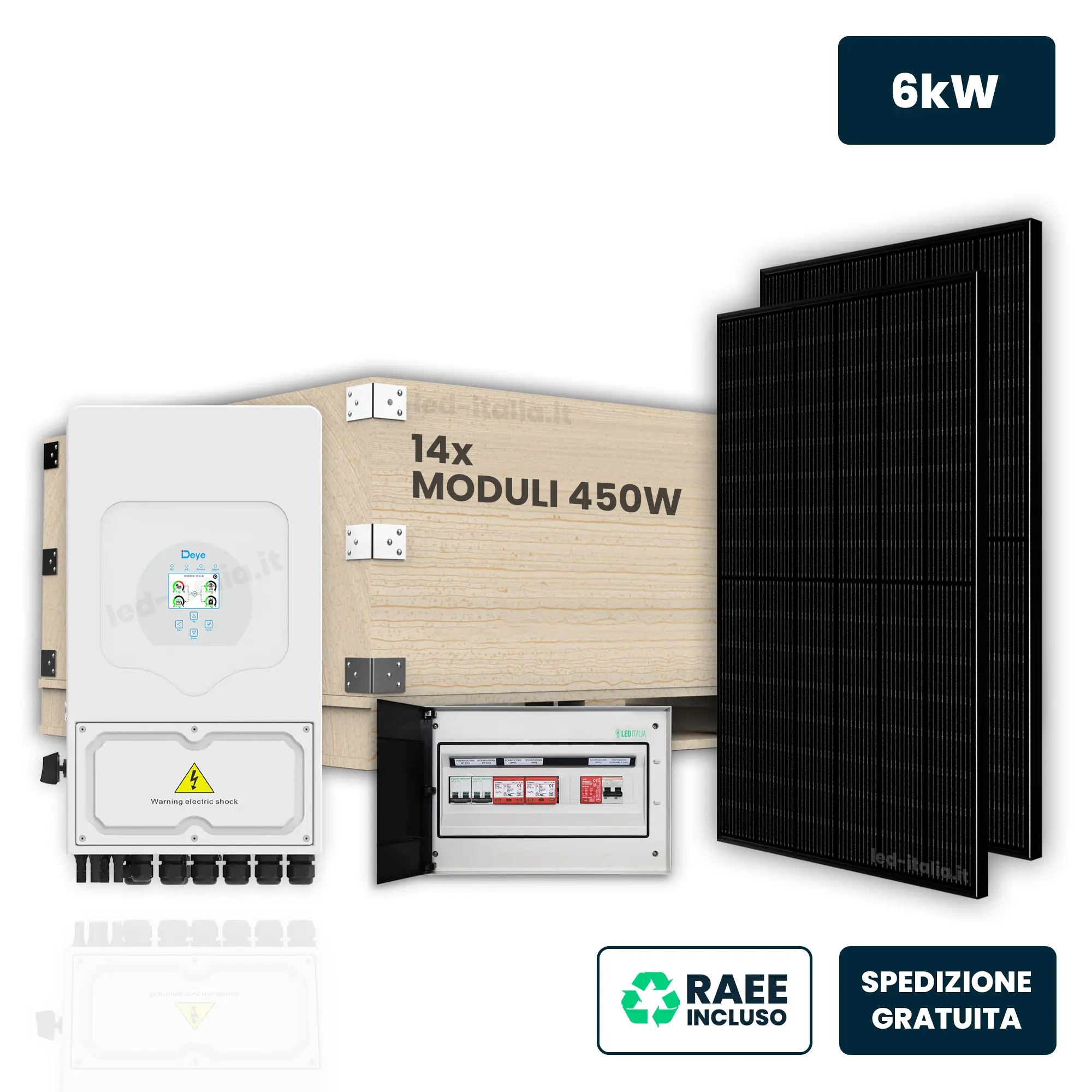 KIT Fotovoltaico Monofase 6kW con Inverter Ibrido, 14 Moduli 450W (6.3kW) Black , Quadro Combinato 2-2 AC-DC 6kW senza Accumulo