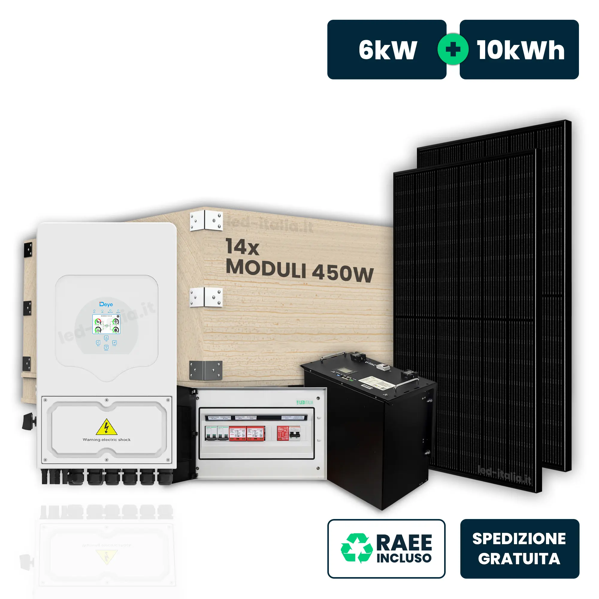 KIT Fotovoltaico Monofase 6kW con Inverter Ibrido, 14 Moduli 450W (6.3kW) Black con Accumulo LFP 10kWh e Quadro Combinato 2-2 AC-DC 6kW