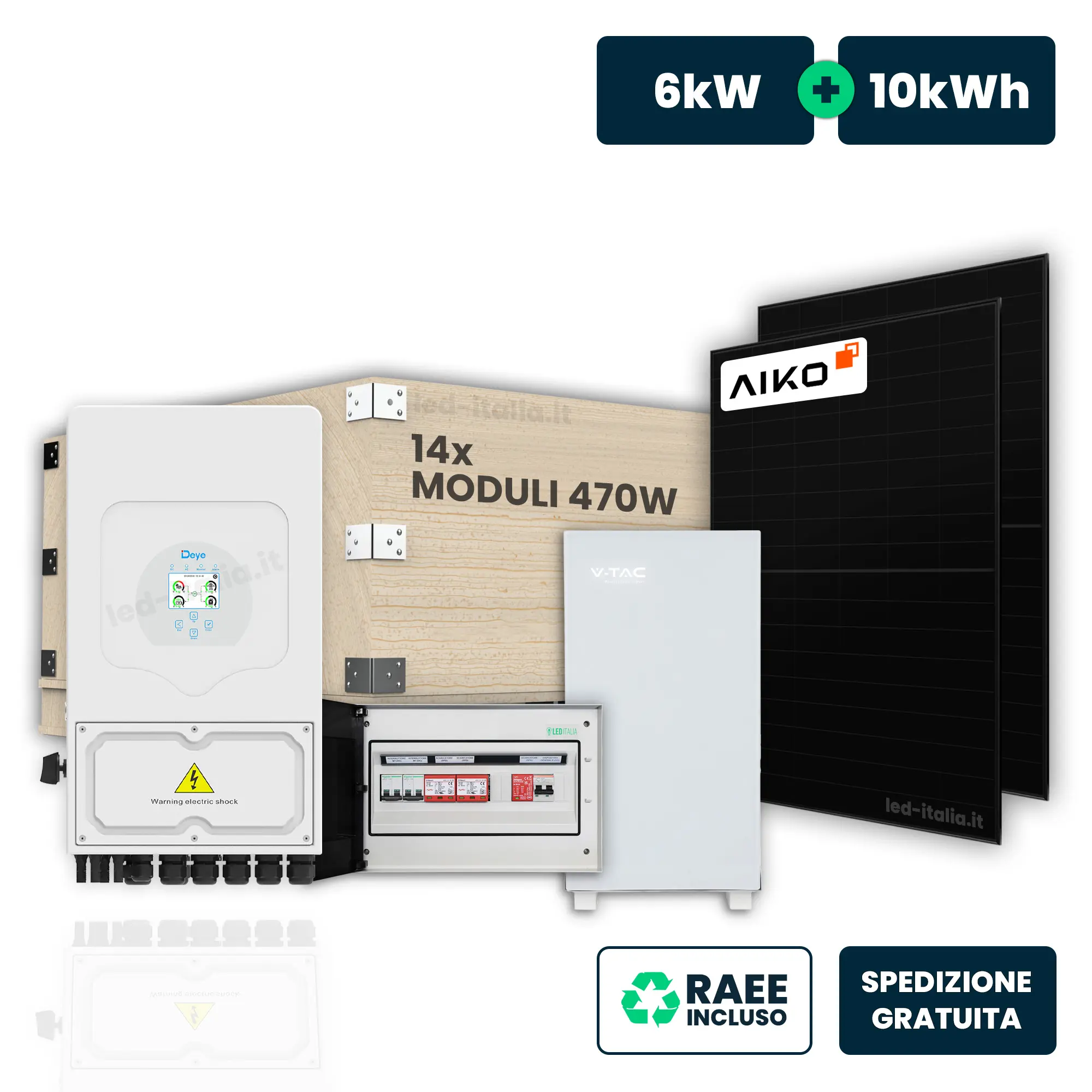 KIT Fotovoltaico Monofase 6kW con Inverter Ibrido, 14 Moduli 470W (6.58kW) Full Black con Accumulo LFP 10kWh e Quadro Combinato 2-2 AC-DC 6kW