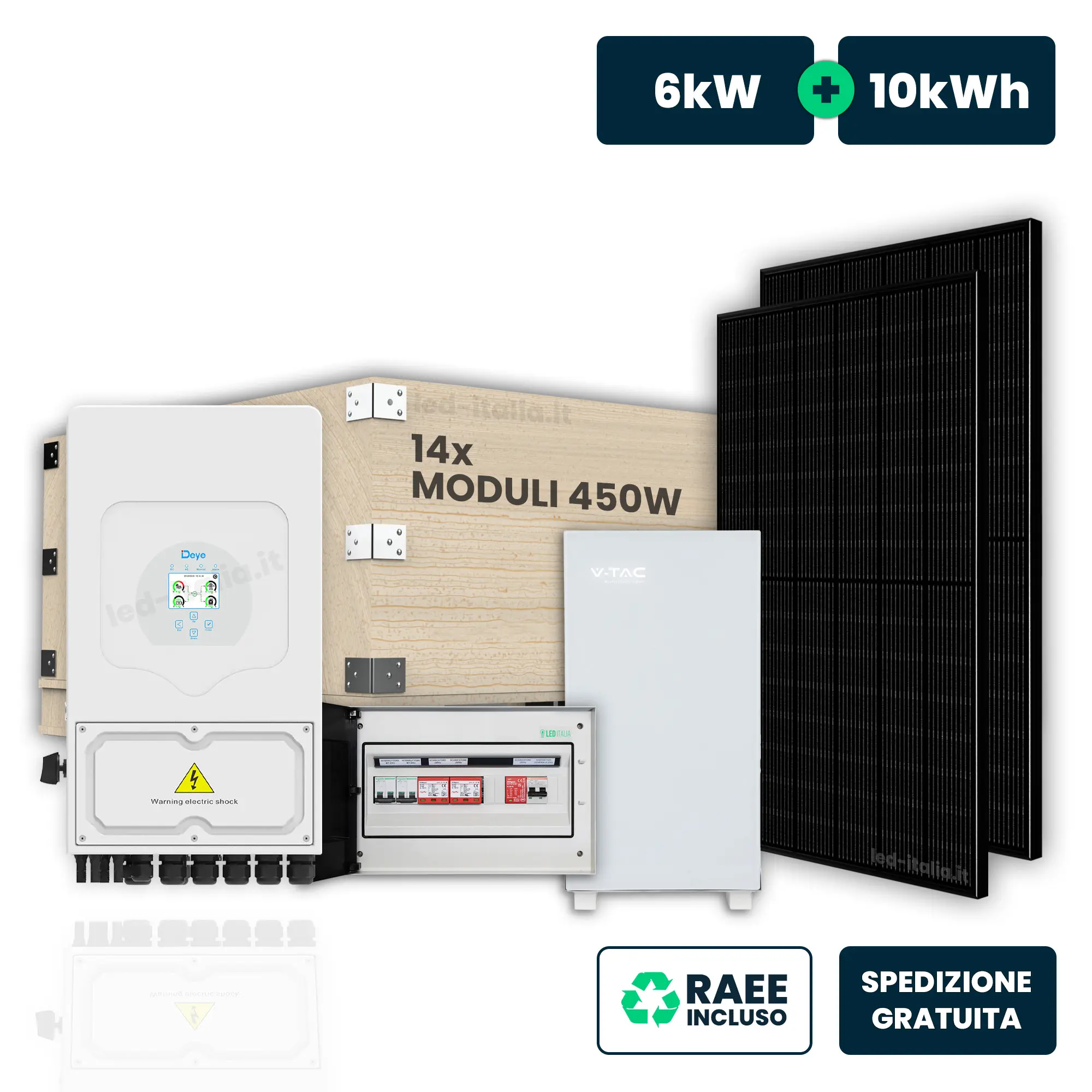 KIT Fotovoltaico Monofase 6kW con Inverter Ibrido, 14 Moduli 450W (6.3kW) Full Black con Accumulo LFP 10kWh e Quadro Combinato 2-2 AC-DC 6kW