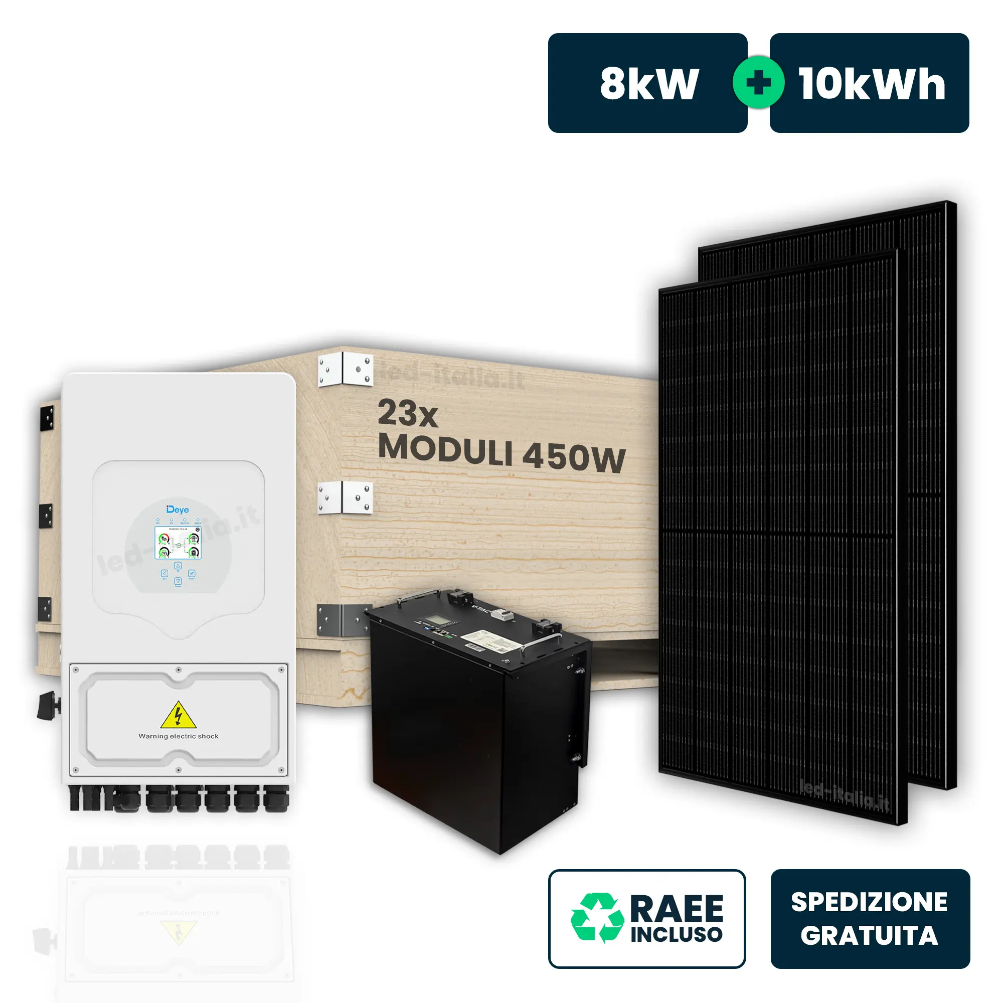 KIT Fotovoltaico Monofase 8kW con Inverter Ibrido, 23 Moduli 450W (10.35kW) Black con Accumulo LFP 10kWh