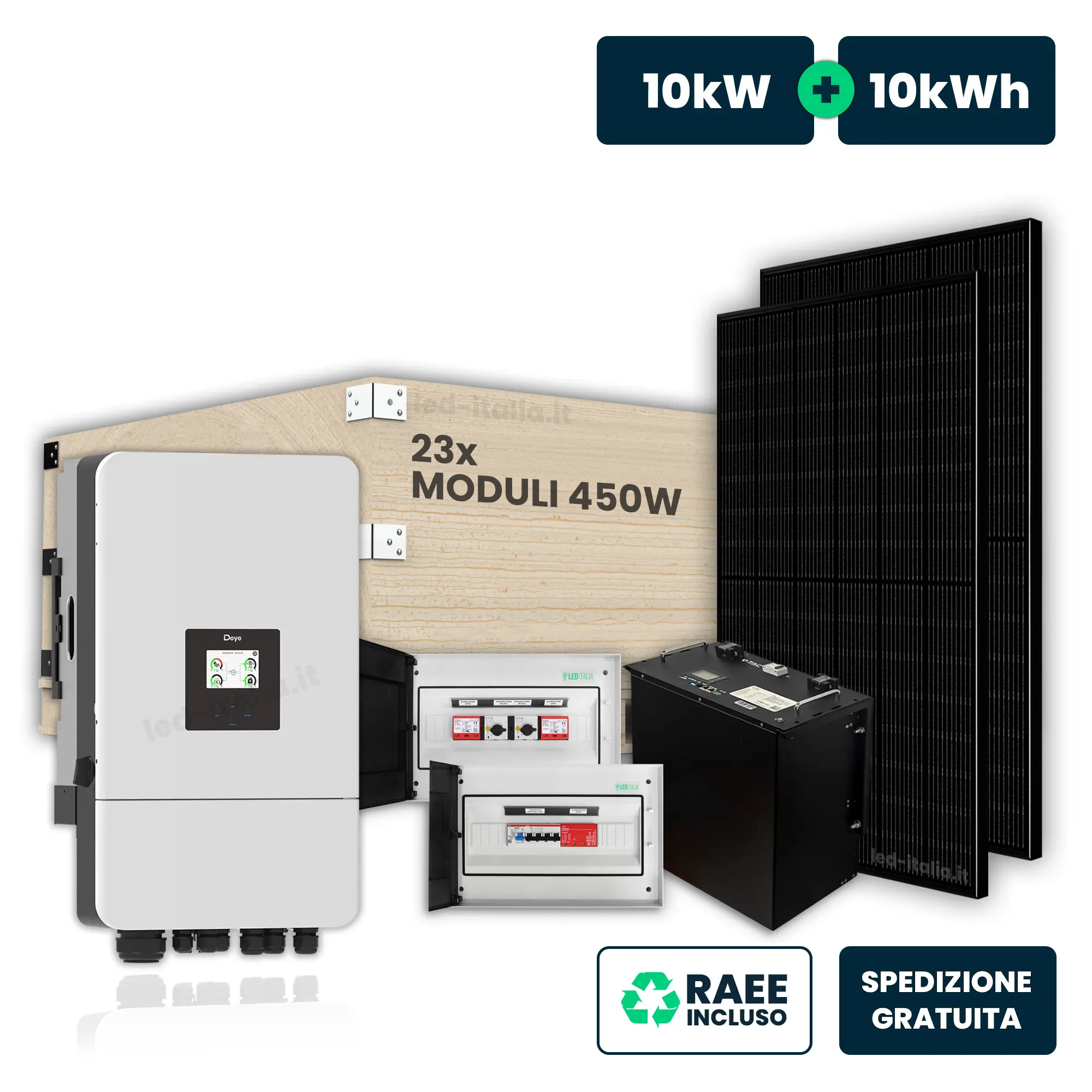 KIT Fotovoltaico Trifase 10kW con Inverter Ibrido, 23 Moduli 450W (10.35kW) Black con Accumulo LFP 10kWh e Quadri DC 2/2 e AC 1/1 10kW